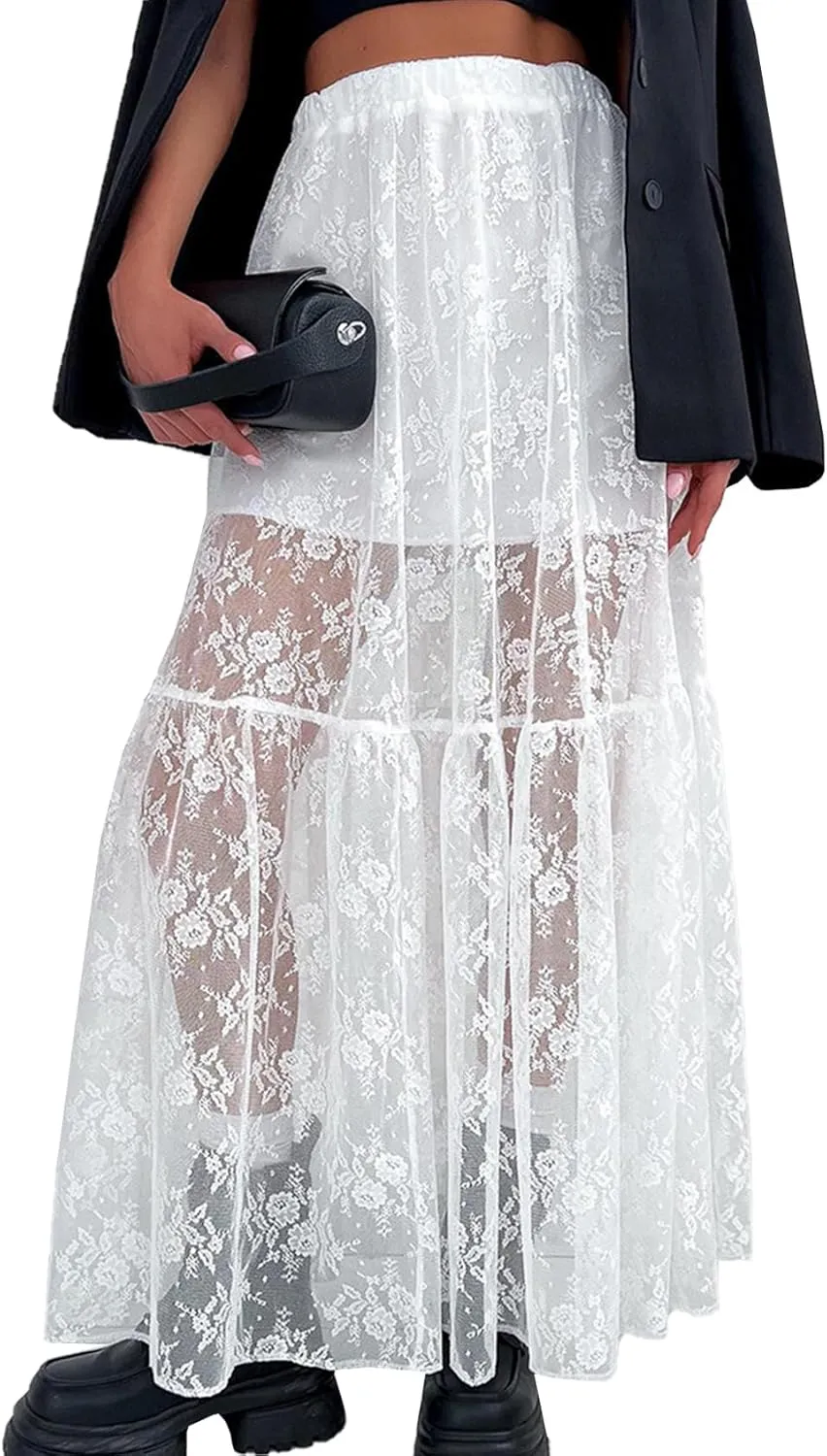 Womens Lace Maxi Skirt A-Line Long Sheer Mesh Skirts Y2K High Elastic Waist Tiered Skirt Sexy See Through