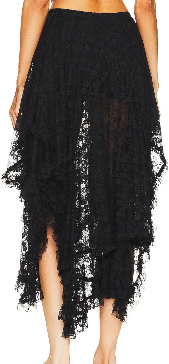Women's Lace Skirts Long Floral Maxi Skirt Asymmetrical Ruffle Layered Sheer See-Through Flowy Lace Strim Skirt