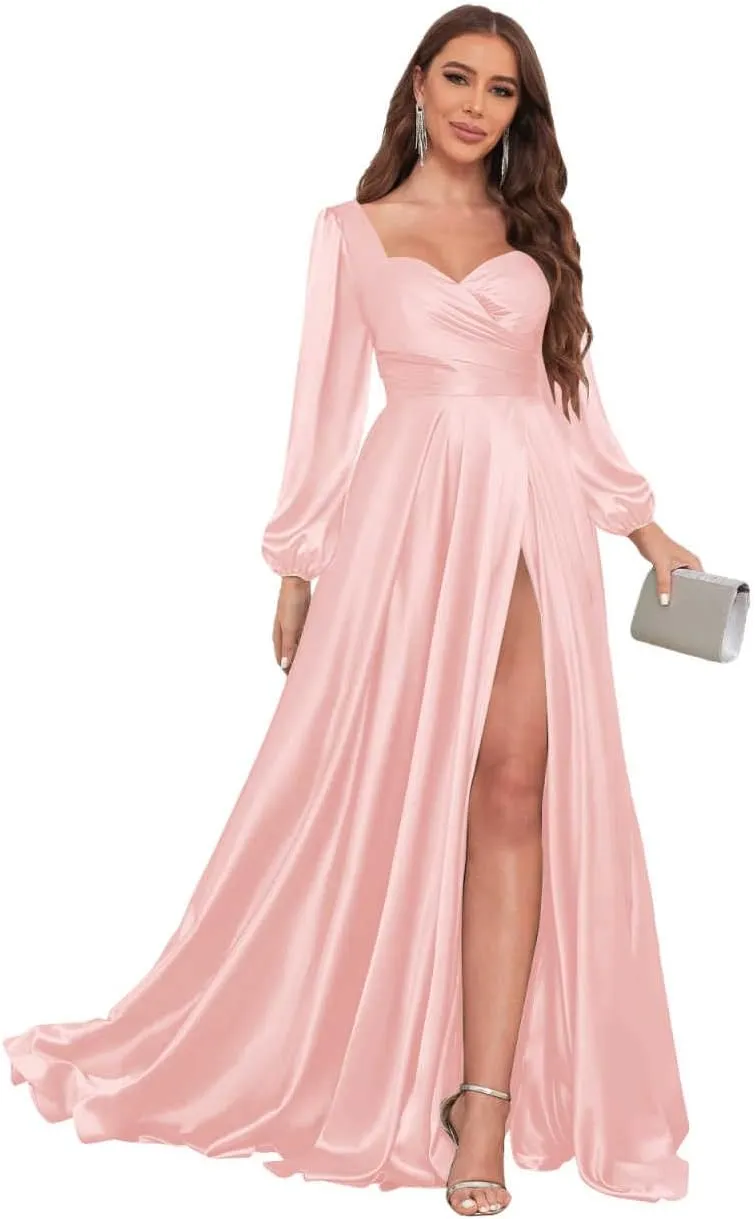 Women's Long Sleeve Bridesmaid Dresses with Slit Satin Pleated Formal Prom Evening Gowns