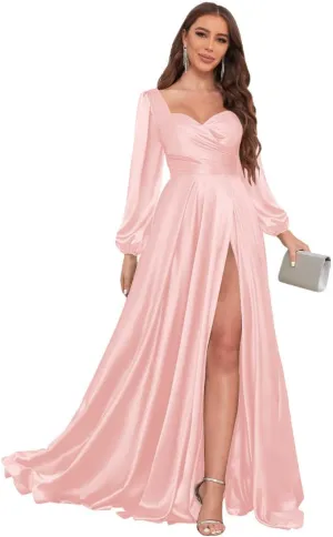 Women's Long Sleeve Bridesmaid Dresses with Slit Satin Pleated Formal Prom Evening Gowns