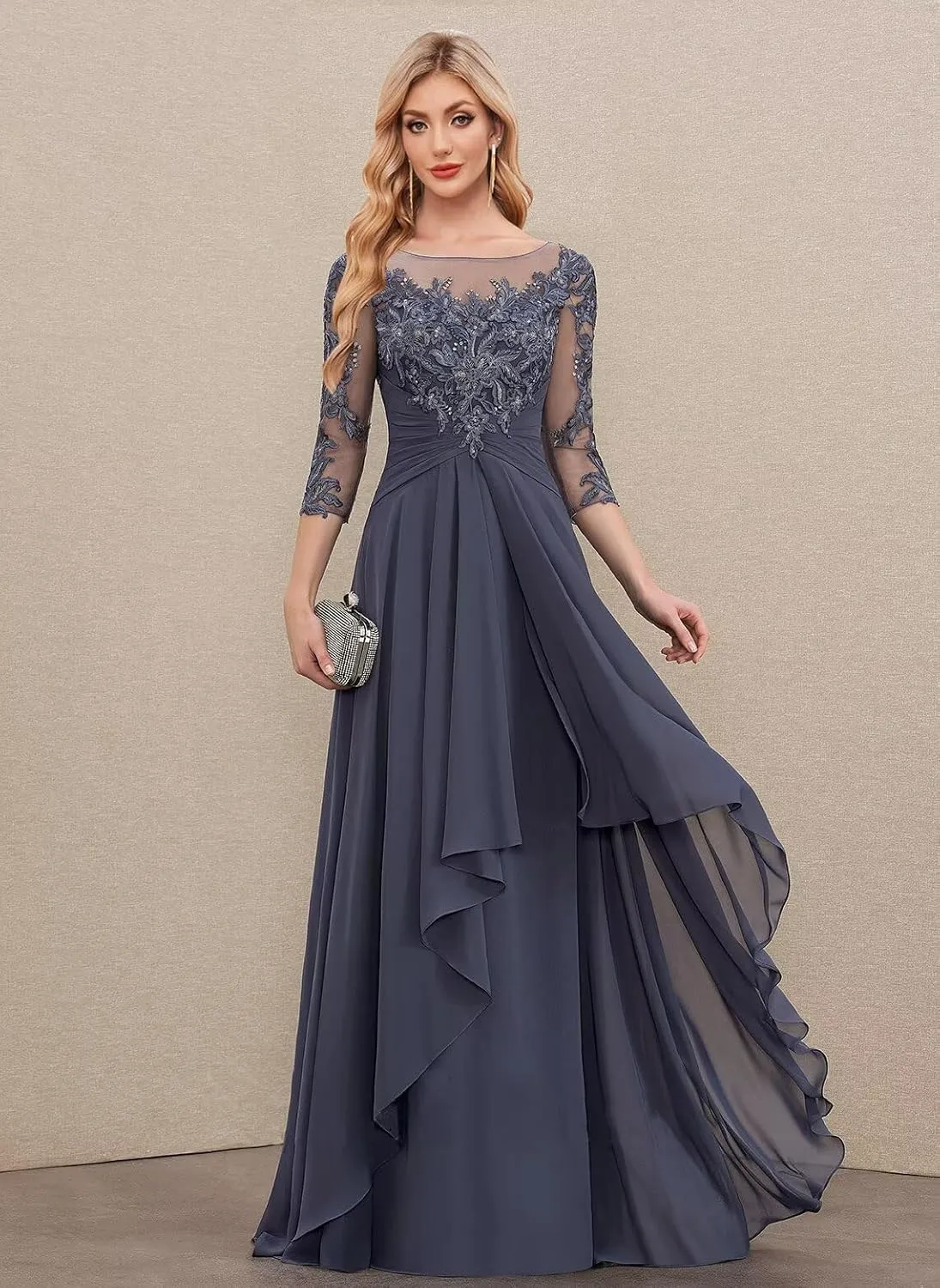 Women's Long Sleeve Mother of The Bride Dresses for Wedding Scoop Illusion Lace Chiffon A Line Evening Gown
