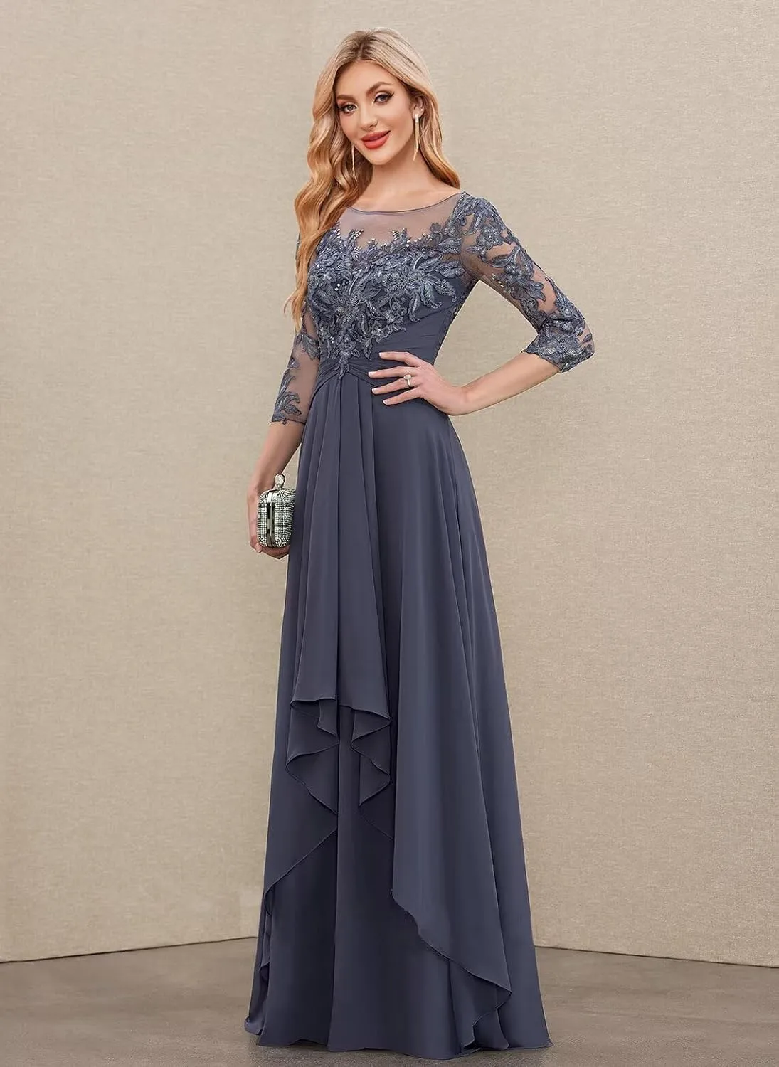 Women's Long Sleeve Mother of The Bride Dresses for Wedding Scoop Illusion Lace Chiffon A Line Evening Gown