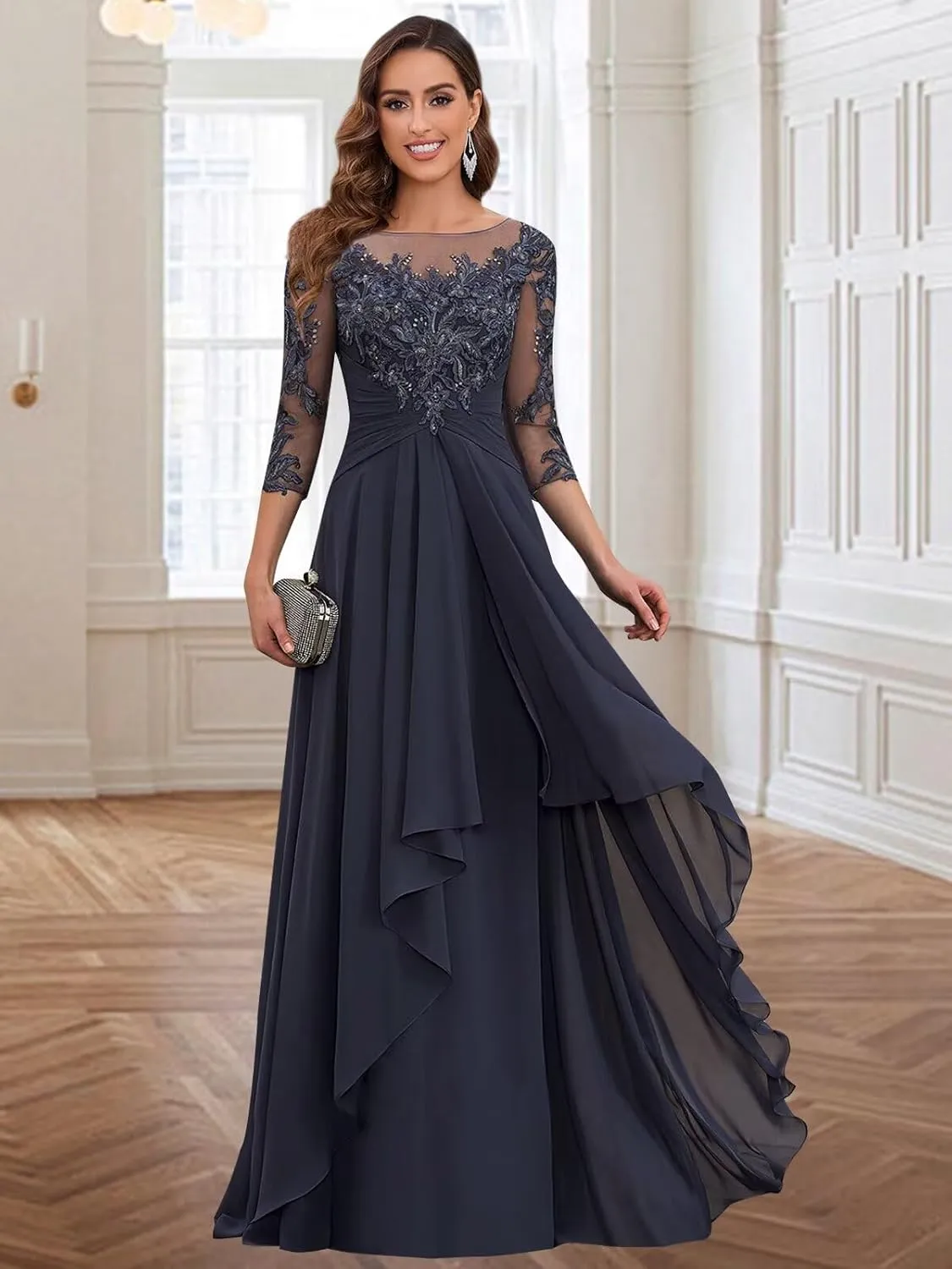Women's Long Sleeve Mother of The Bride Dresses for Wedding Scoop Illusion Lace Chiffon A Line Evening Gown