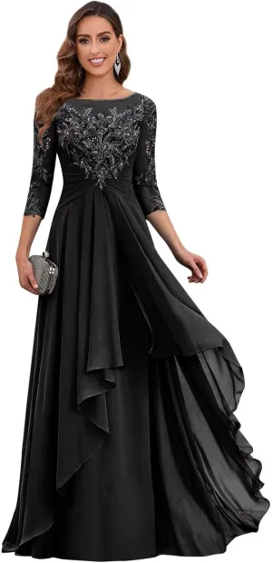 Women's Long Sleeve Mother of The Bride Dresses for Wedding Scoop Illusion Lace Chiffon A Line Evening Gown
