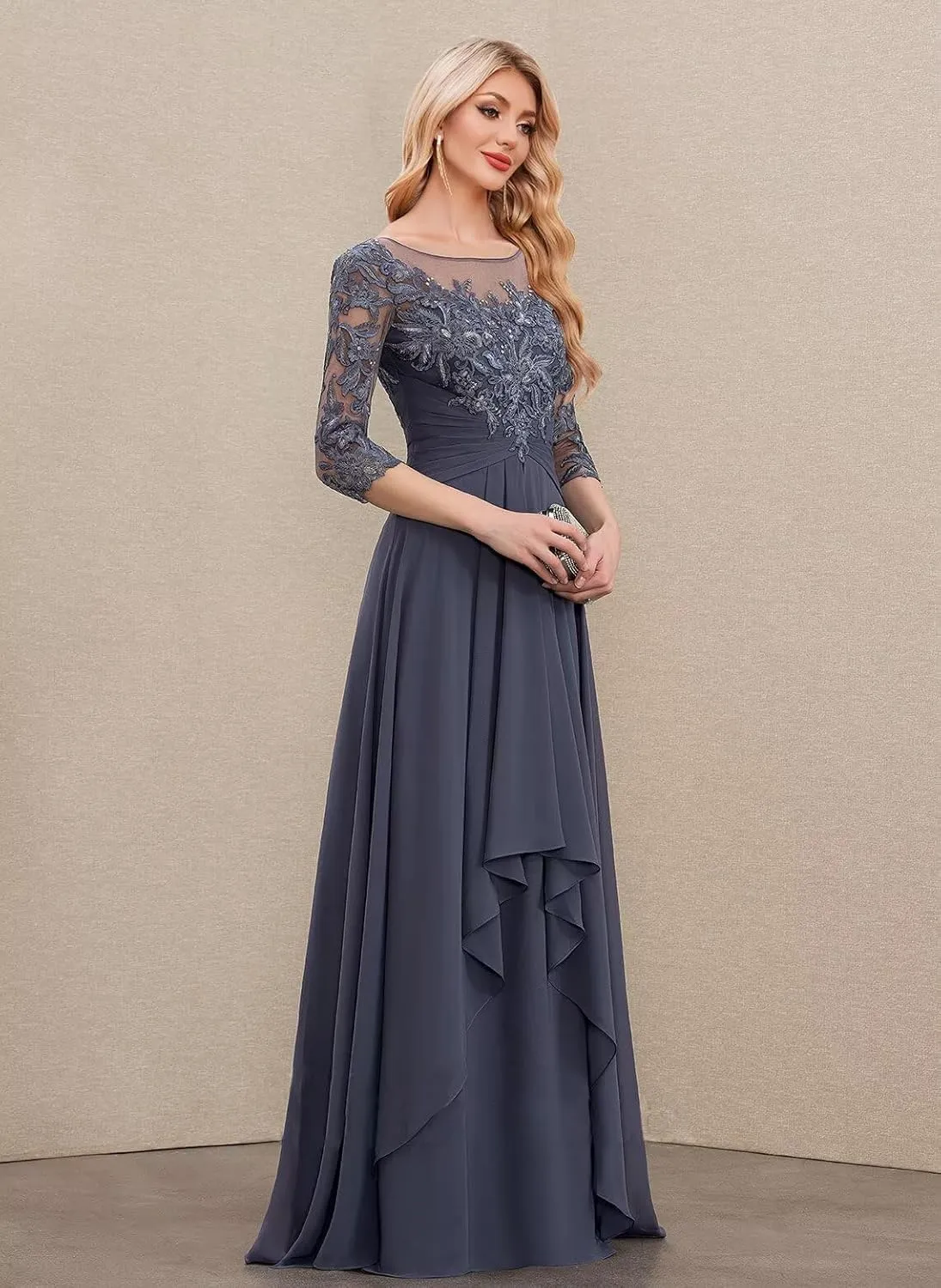 Women's Long Sleeve Mother of The Bride Dresses for Wedding Scoop Illusion Lace Chiffon A Line Evening Gown