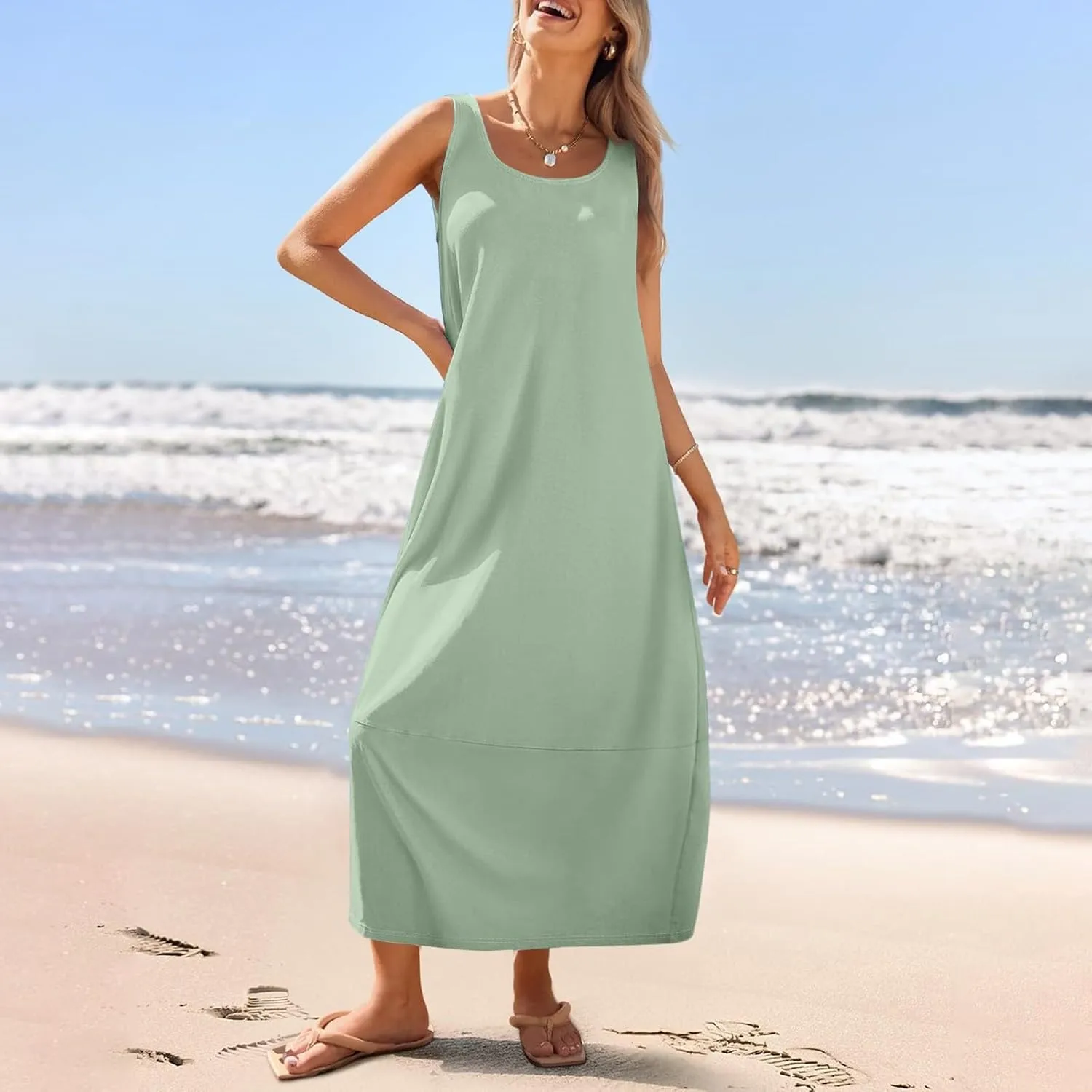Women's Loose Casual Midi Cotton Dresses Sundress Sleeveless Beach Summer Trendy Tank Top Dress with Pockets