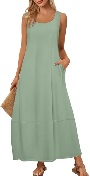 Women's Loose Casual Midi Cotton Dresses Sundress Sleeveless Beach Summer Trendy Tank Top Dress with Pockets