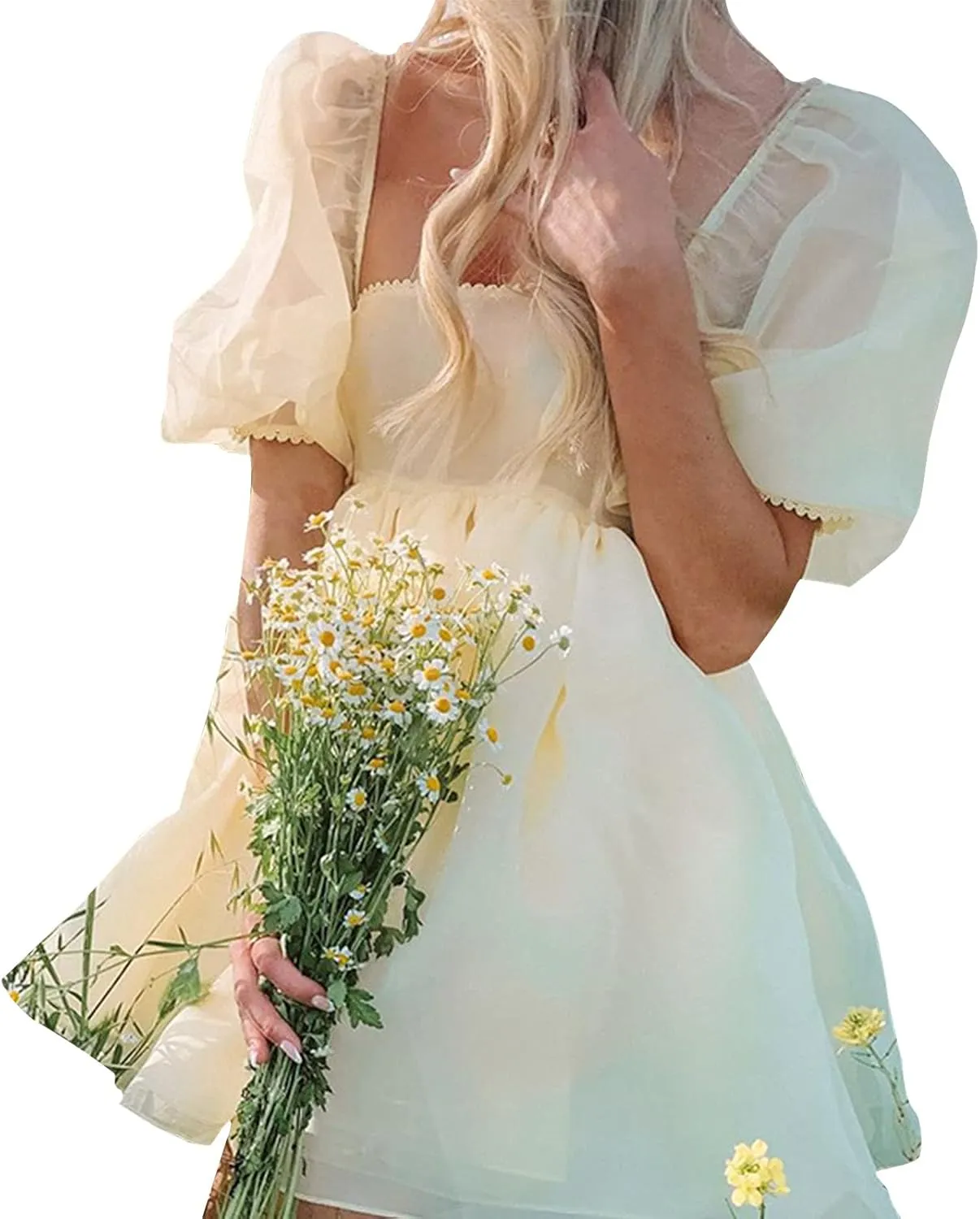Womens Off-Shoulder Ruffled Fluffy Short-Sleeved Mesh Party Mini Princess Dress