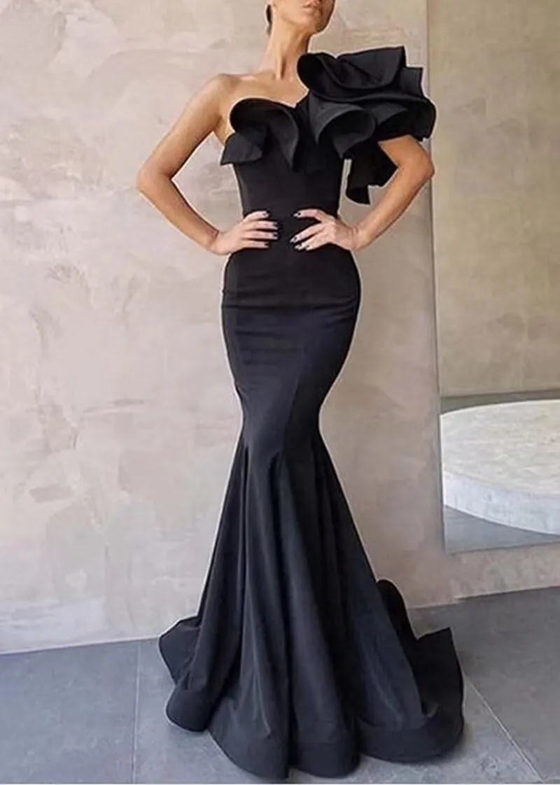 Women's One Shoulder Ruffles Satin Mermaid Prom Dresses Long Ball Gowns Formal Evening Party Gowns