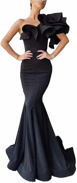 Women's One Shoulder Ruffles Satin Mermaid Prom Dresses Long Ball Gowns Formal Evening Party Gowns