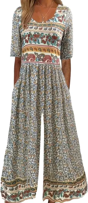Womens Print Jumpsuits Short Sleeve Scoop Neck Wide Leg Pants Rompers With Side Pockets 2025 Spring Outfits