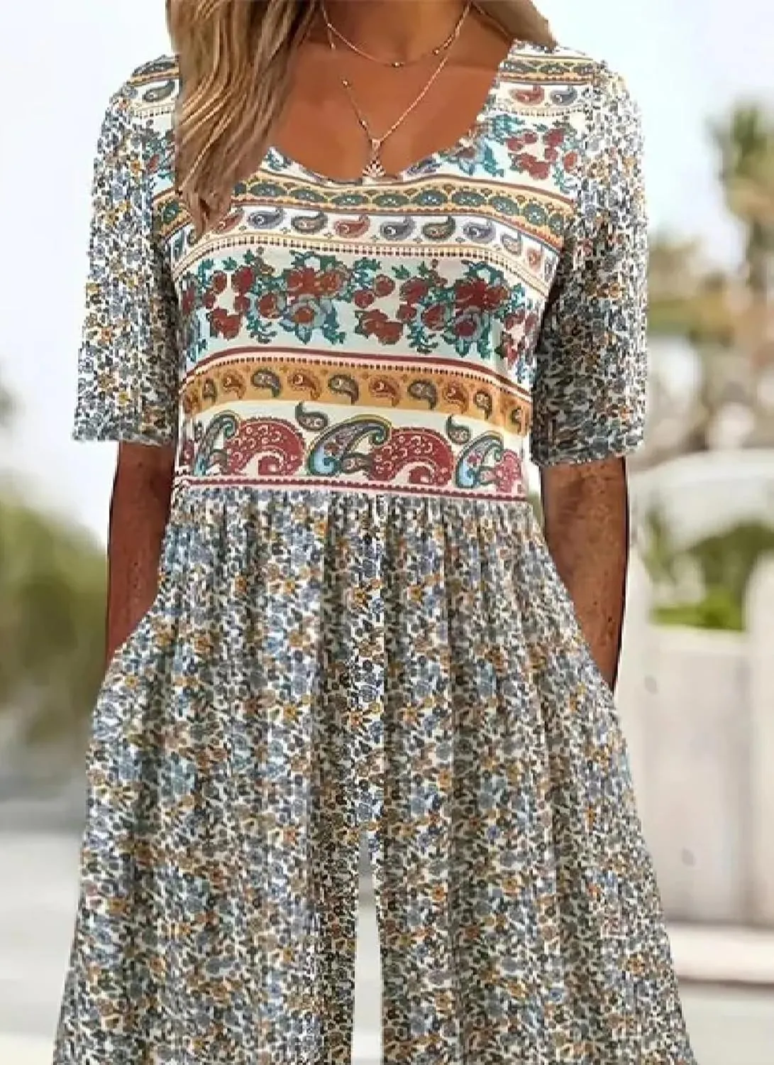Womens Print Jumpsuits Short Sleeve Scoop Neck Wide Leg Pants Rompers With Side Pockets 2025 Spring Outfits
