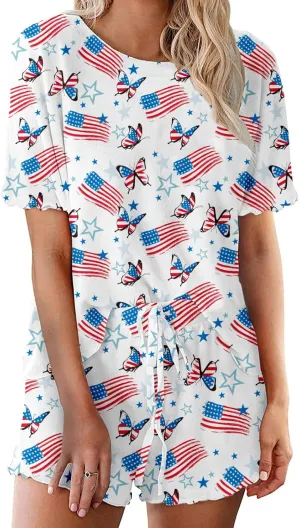 Women's Ruffle Short Sleeve Tops and Shorts Memorial Patriotic Red White Blue Pajamas Sets