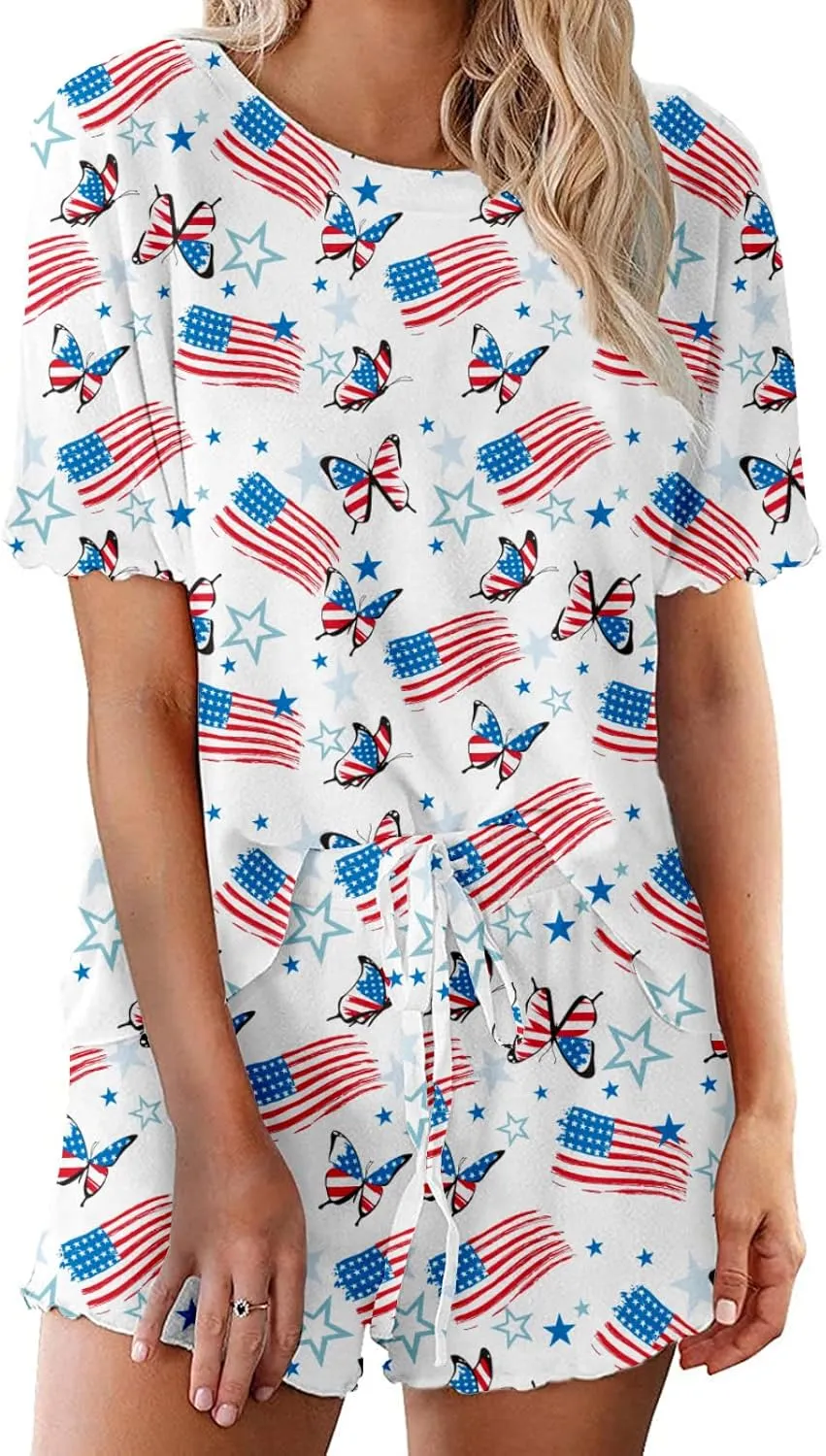 Women's Ruffle Short Sleeve Tops and Shorts Memorial Patriotic Red White Blue Pajamas Sets