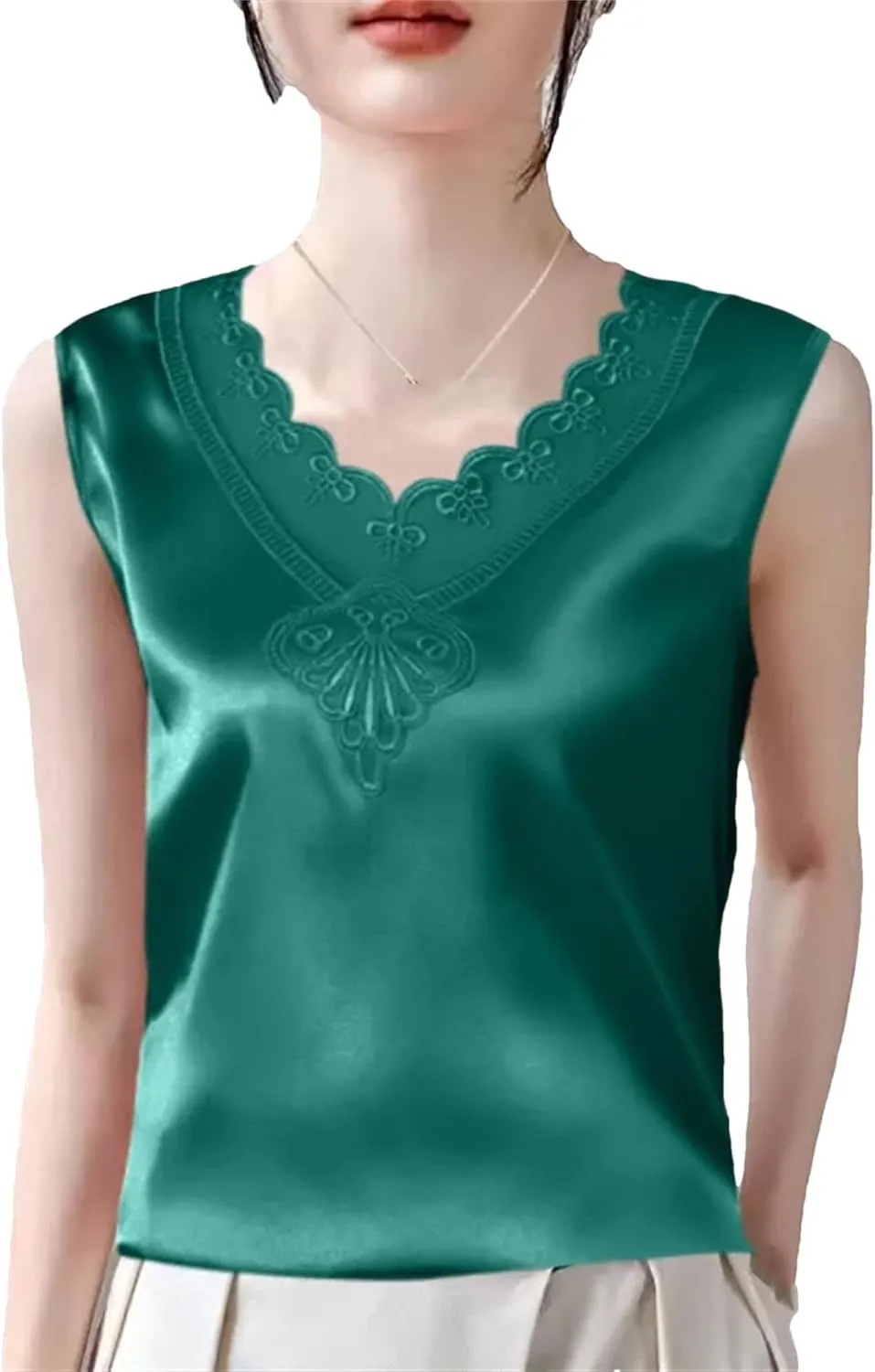 Women's Ruffled Lace Trim Satin Tank Top & Camisole Summer Breathable Sleeveless Vest V-Neck Loose Fit Casual Lounge Wear