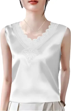 Women's Ruffled Lace Trim Satin Tank Top & Camisole Summer Breathable Sleeveless Vest V-Neck Loose Fit Casual Lounge Wear