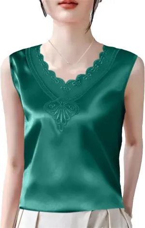 Women's Ruffled Lace Trim Satin Tank Top & Camisole Summer Breathable Sleeveless Vest V-Neck Loose Fit Casual Lounge Wear