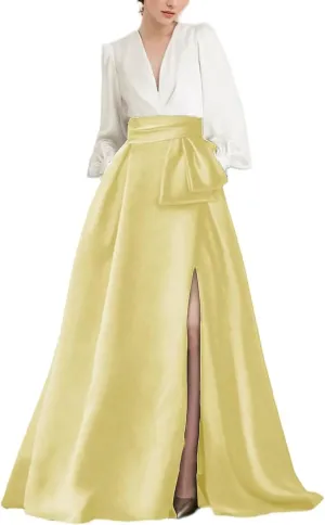 Women's Satin Long Sleeves Prom Dress Long Formal Evening Dress Elegant A Line Wedding Guest Dress with Pockets