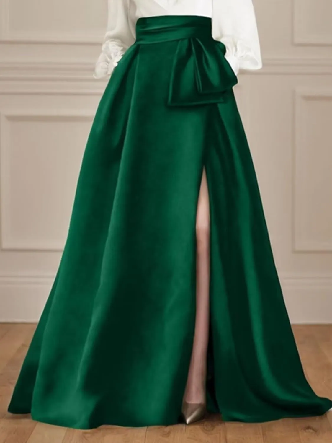 Women's Satin Long Sleeves Prom Dress Long Formal Evening Dress Elegant A Line Wedding Guest Dress with Pockets