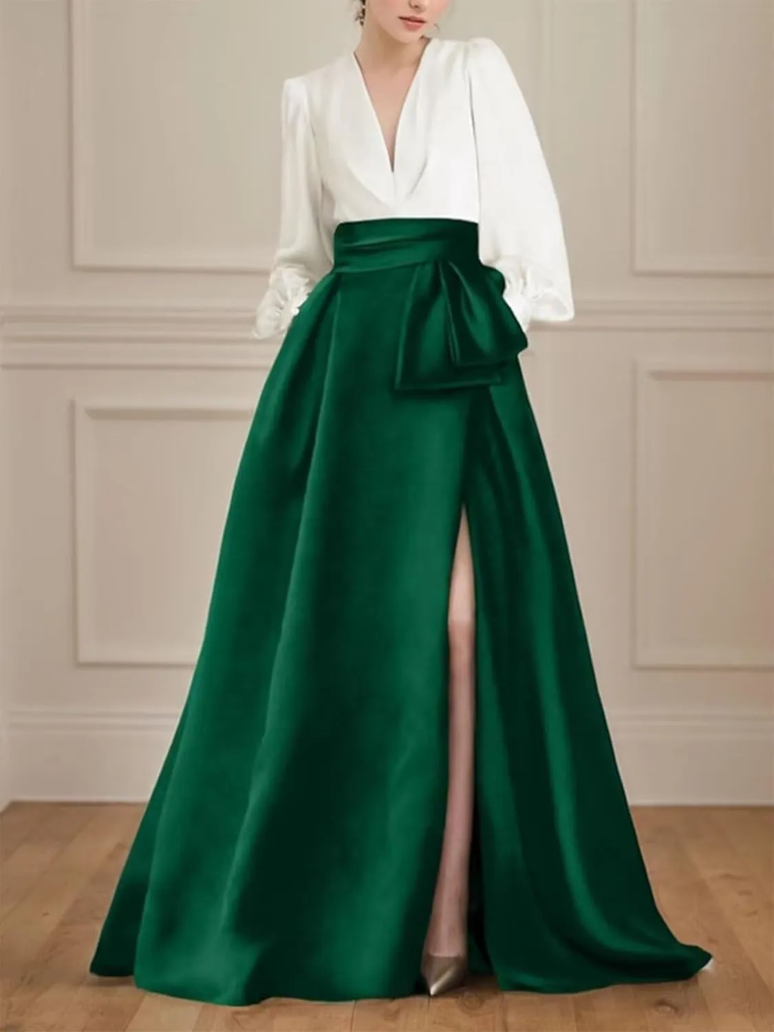 Women's Satin Long Sleeves Prom Dress Long Formal Evening Dress Elegant A Line Wedding Guest Dress with Pockets
