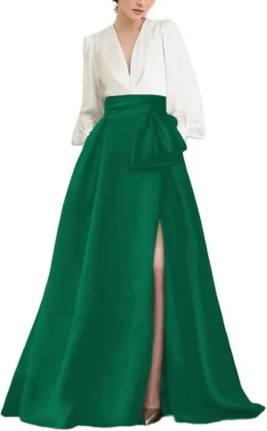 Women's Satin Long Sleeves Prom Dress Long Formal Evening Dress Elegant A Line Wedding Guest Dress with Pockets