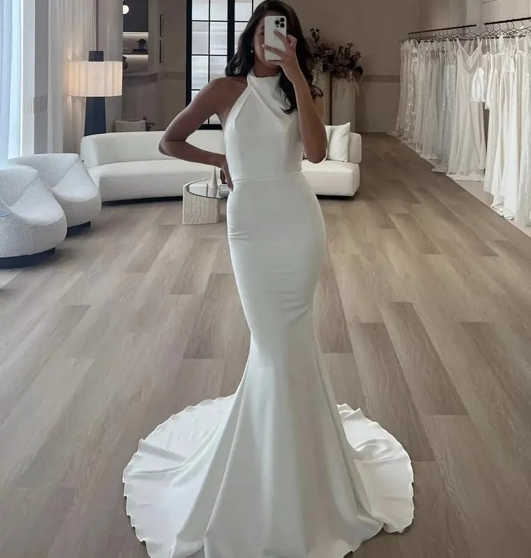 Women's Satin Long Wedding Dresses for Bride 2024 V Neck Lace Mermaid Wedding Dress Ball Gown Bridal Dress LAW101