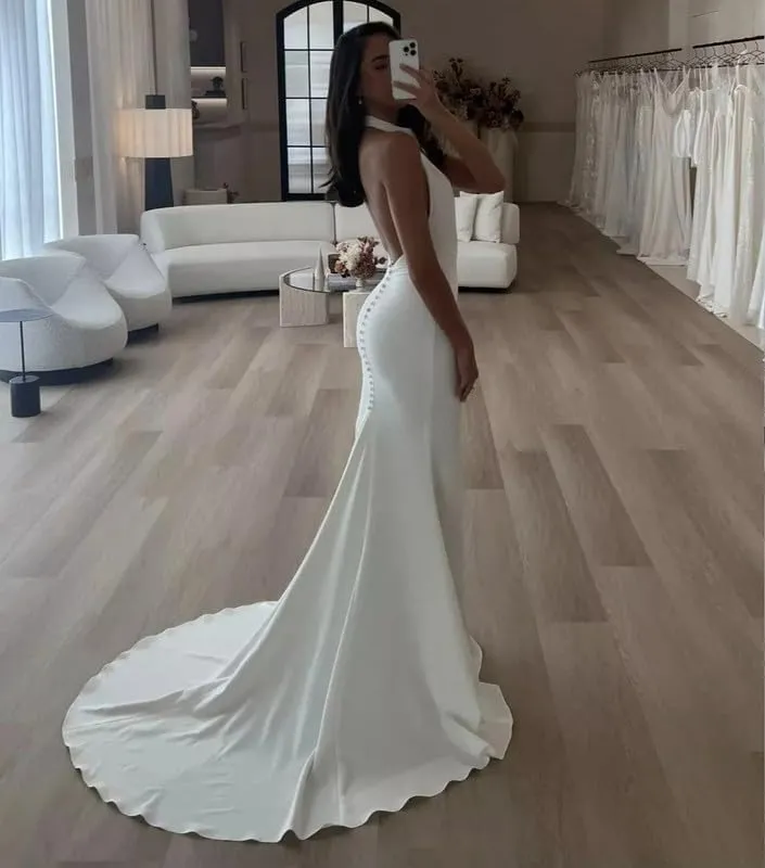 Women's Satin Long Wedding Dresses for Bride 2024 V Neck Lace Mermaid Wedding Dress Ball Gown Bridal Dress LAW101