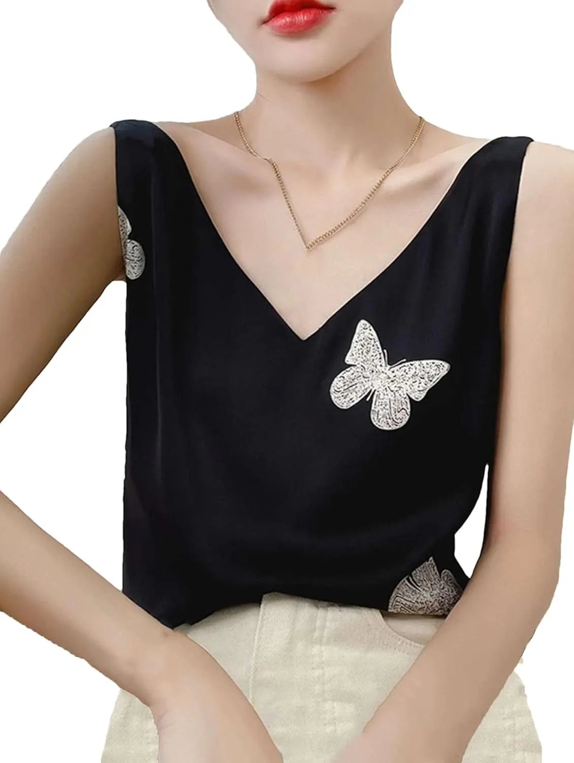 Women's Satin Tank Top & Camisole Summer Breathable Sleeveless V-Neck Strap Vest Business Casual Work Shirt Print Lounge Wear