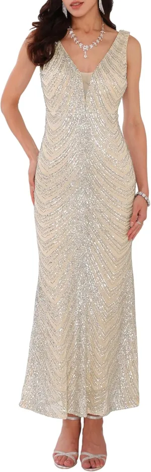Women's Sequin Evening Dress V Neck Sleeveless Cocktail Maxi Gown Dresses