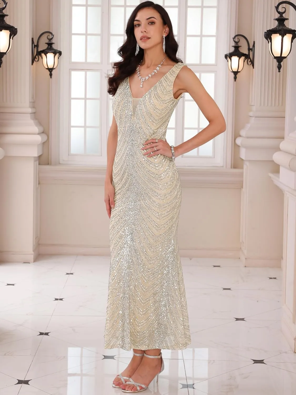 Women's Sequin Evening Dress V Neck Sleeveless Cocktail Maxi Gown Dresses