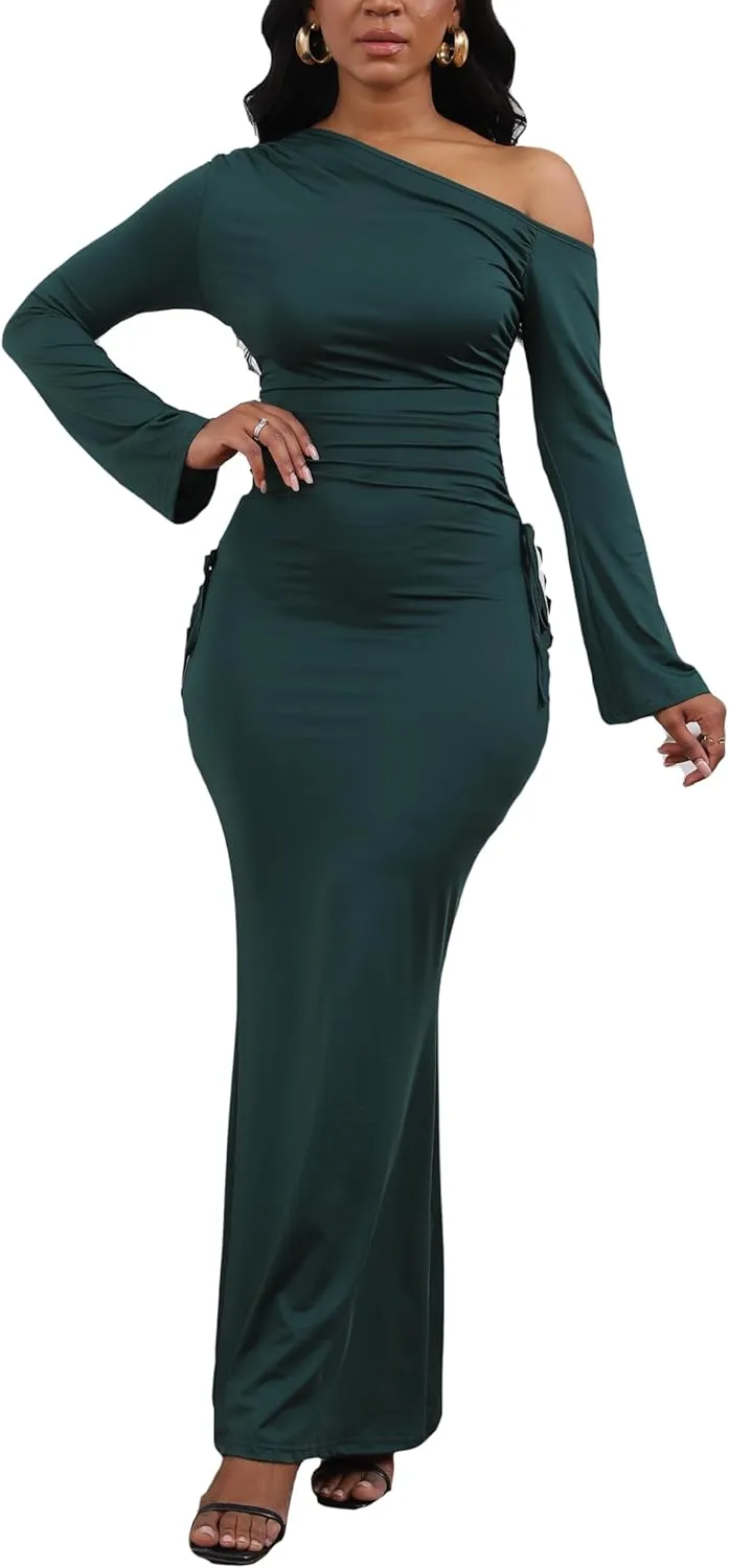 Women's Sexy Bodycon One Shoulder Long Sleeve Ruffle Maxi Club Party Cocktail Long Dress