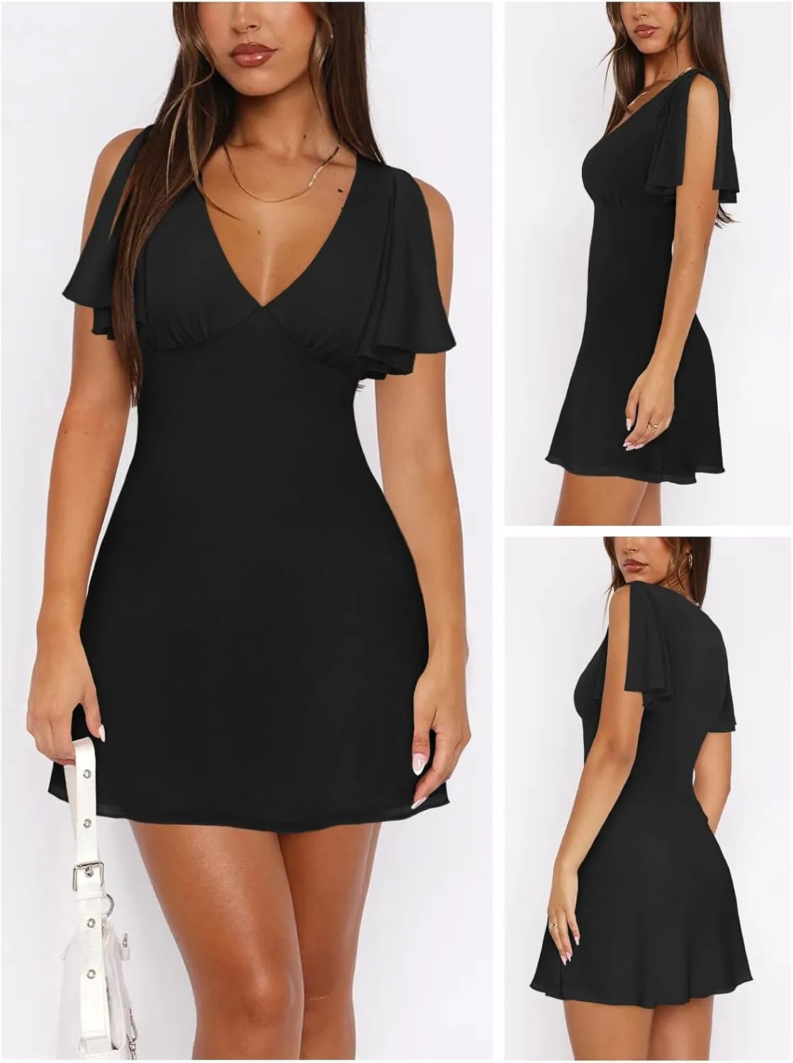 Women's Sexy Deep V-Neck Ruffle Sleeve Mini Dresses Summer Casual Bodycon Beach Cocktail Party Club Short Dress