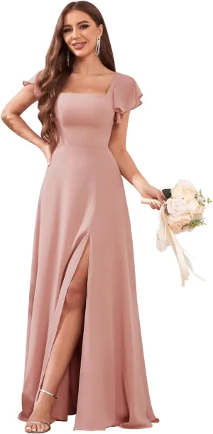 Women's Short Sleeve Square Neck Bridesmaid Dresses with Slit Chiffon Long Formal Evening Dresses