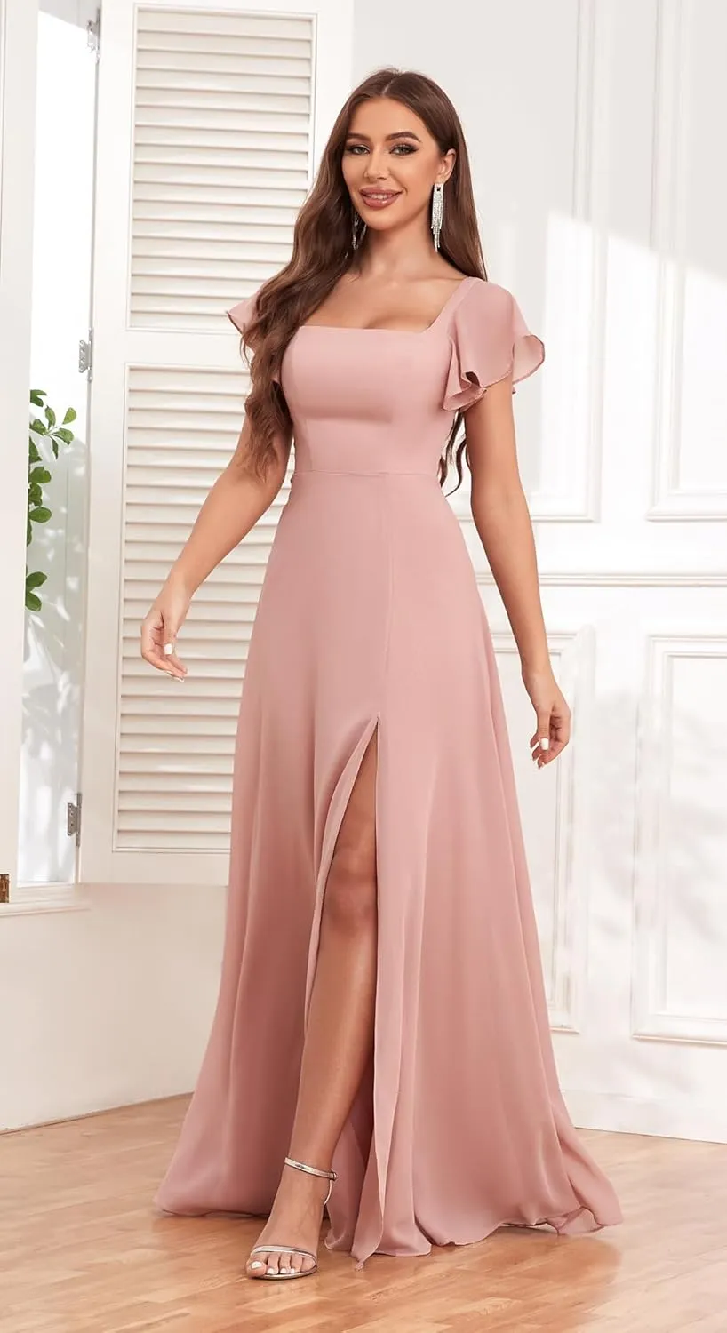 Women's Short Sleeve Square Neck Bridesmaid Dresses with Slit Chiffon Long Formal Evening Dresses