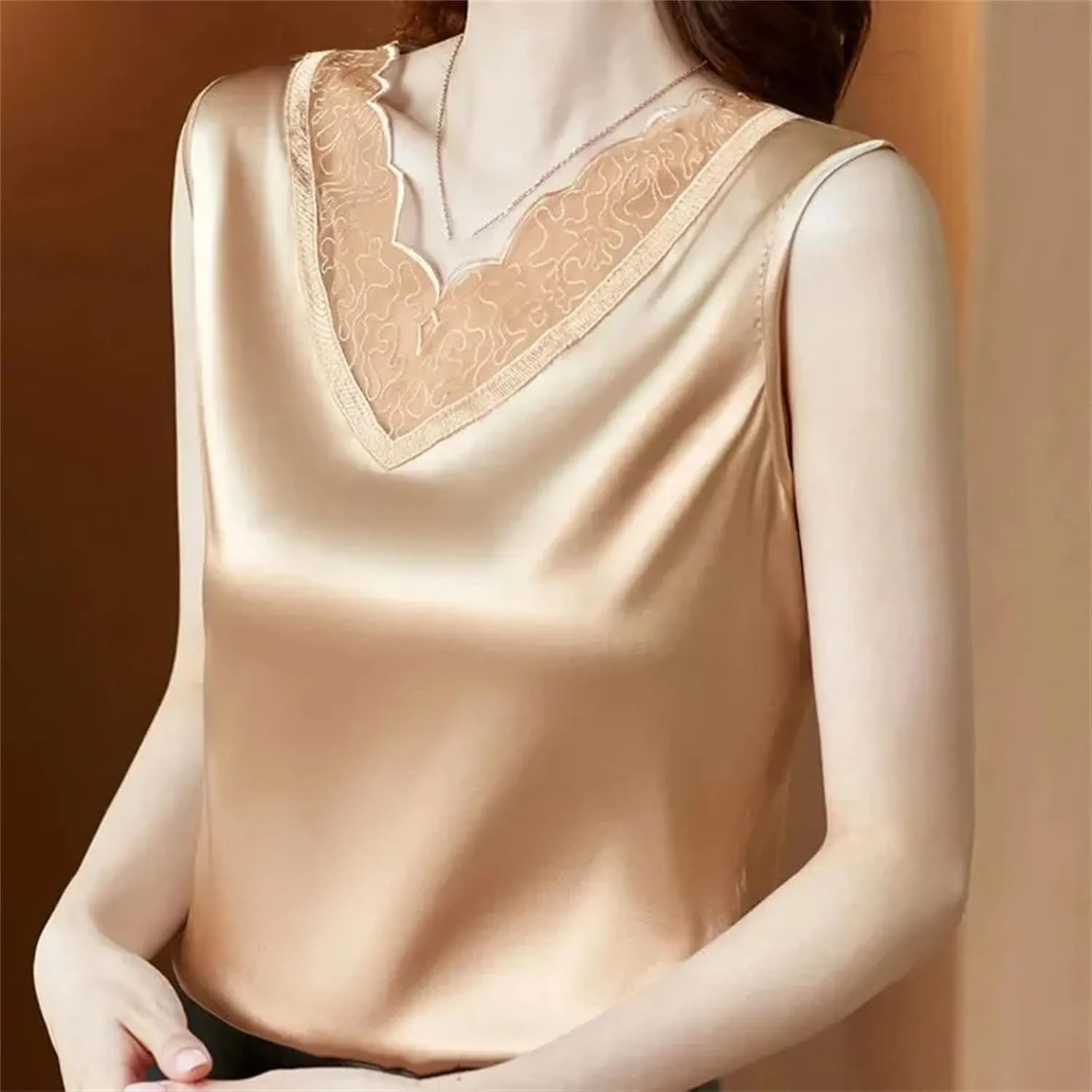 Women's Silk Satin V-Neck Tank Top Camisole Summer Breathable Sleeveless Vest Lace Trim Undershirt for Casual & Lounge Wear
