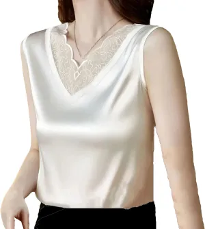 Women's Silk Satin V-Neck Tank Top Camisole Summer Breathable Sleeveless Vest Lace Trim Undershirt for Casual & Lounge Wear