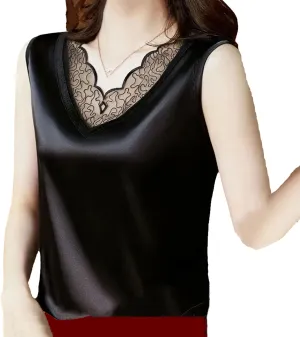 Women's Silk Satin V-Neck Tank Top Camisole Summer Breathable Sleeveless Vest Lace Trim Undershirt for Casual & Lounge Wear