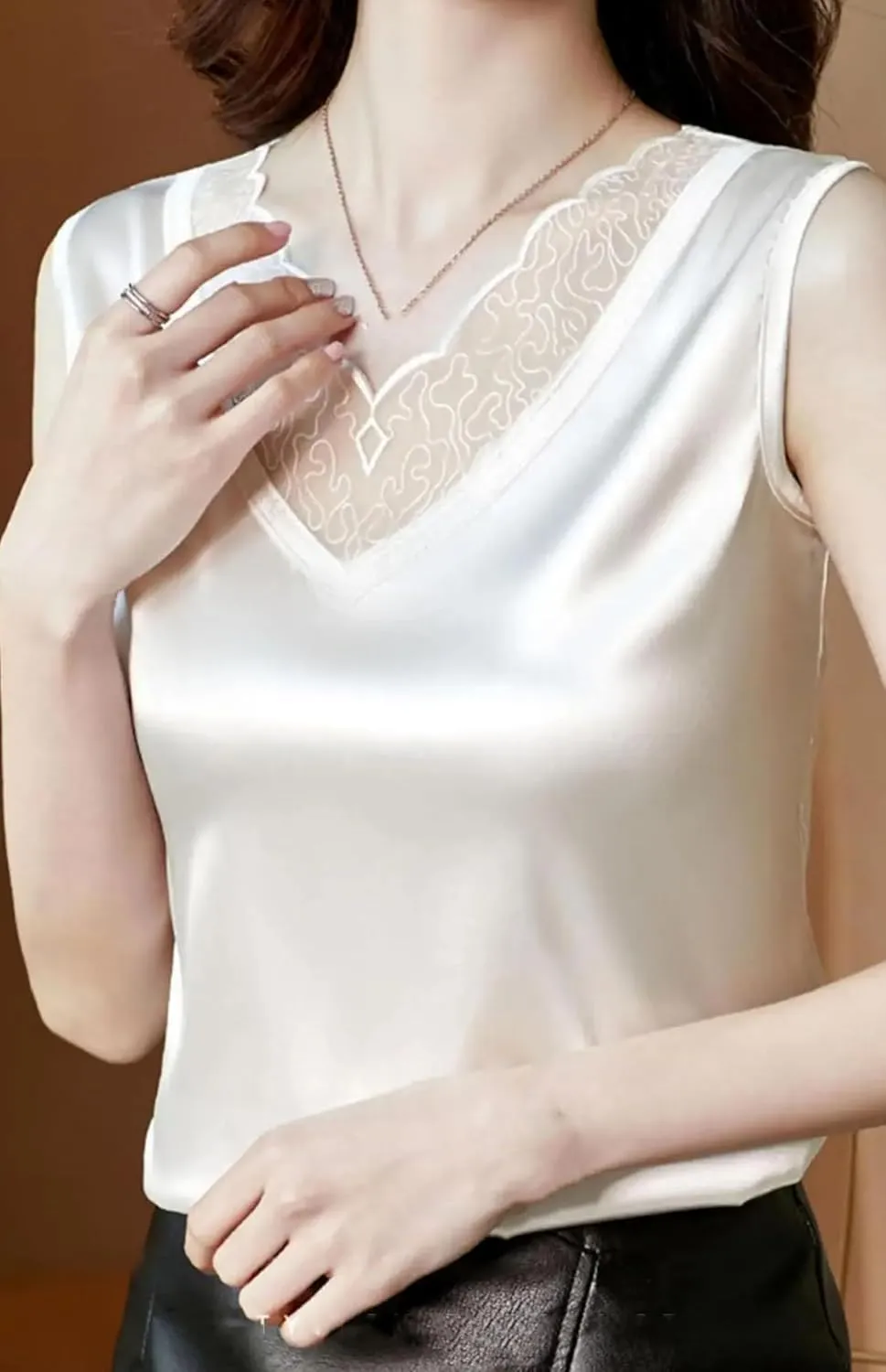 Women's Silk Satin V-Neck Tank Top Camisole Summer Breathable Sleeveless Vest Lace Trim Undershirt for Casual & Lounge Wear