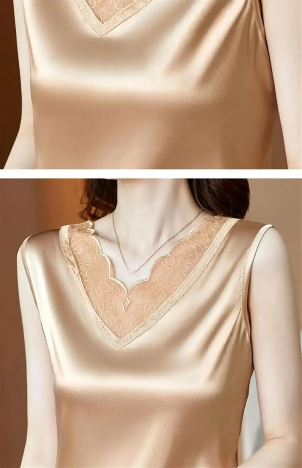 Women's Silk Satin V-Neck Tank Top Camisole Summer Breathable Sleeveless Vest Lace Trim Undershirt for Casual & Lounge Wear
