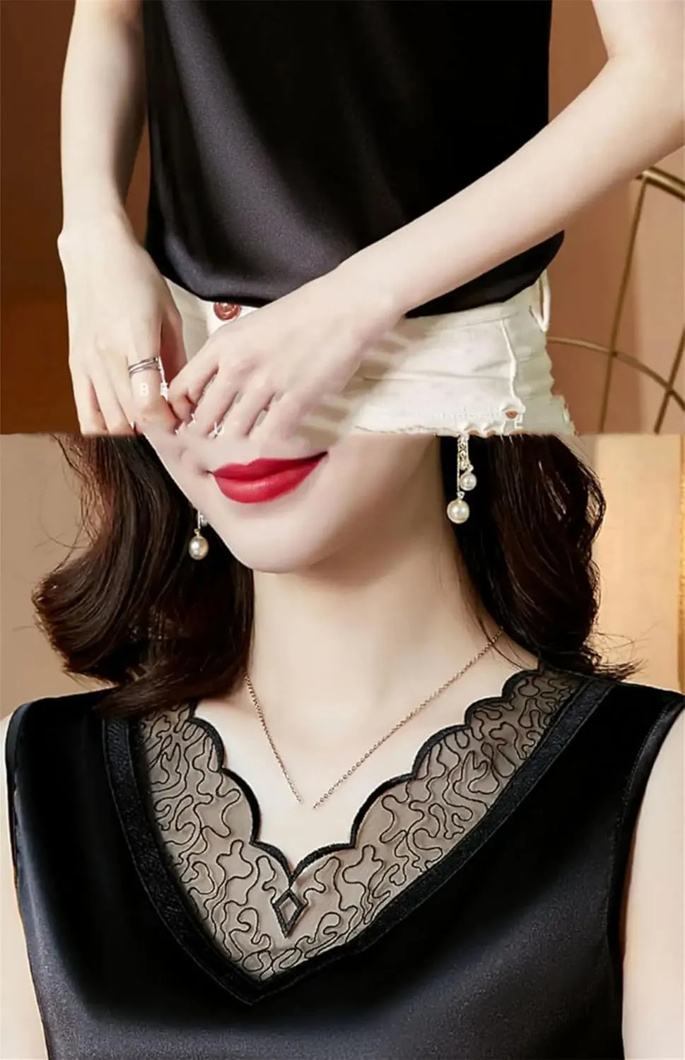 Women's Silk Satin V-Neck Tank Top Camisole Summer Breathable Sleeveless Vest Lace Trim Undershirt for Casual & Lounge Wear