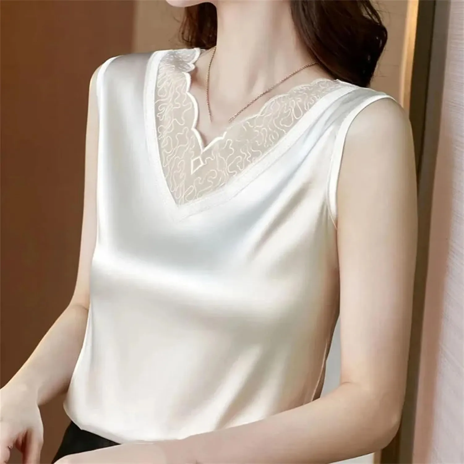 Women's Silk Satin V-Neck Tank Top Camisole Summer Breathable Sleeveless Vest Lace Trim Undershirt for Casual & Lounge Wear