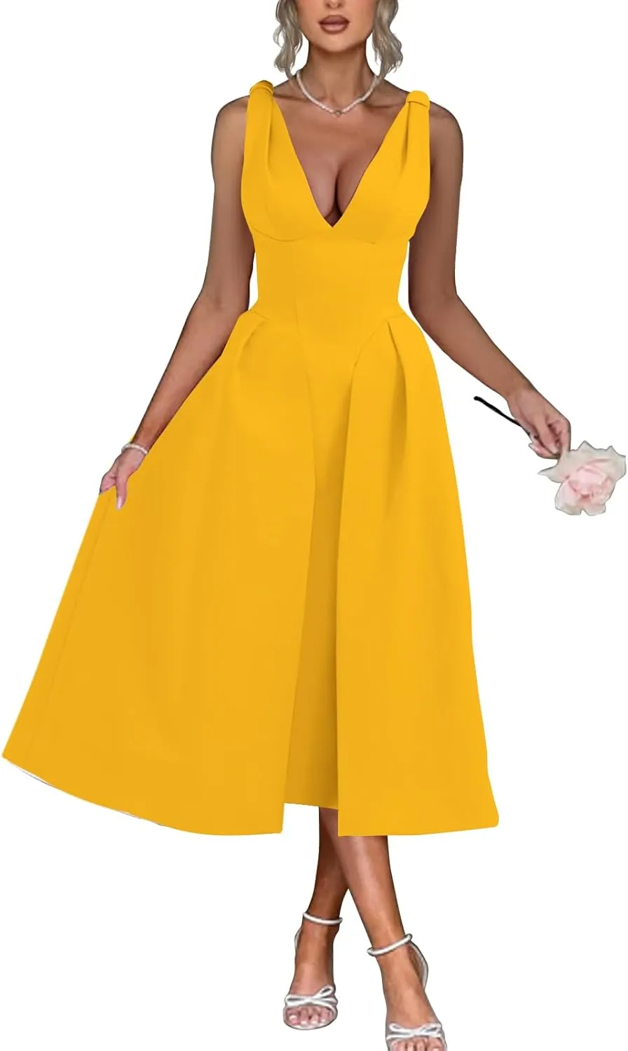 Womens Sleeveless Deep V Neck 1950s Retro Vintage Cocktail Wedding Guest Party A-Line Swing Maxi Dresses
