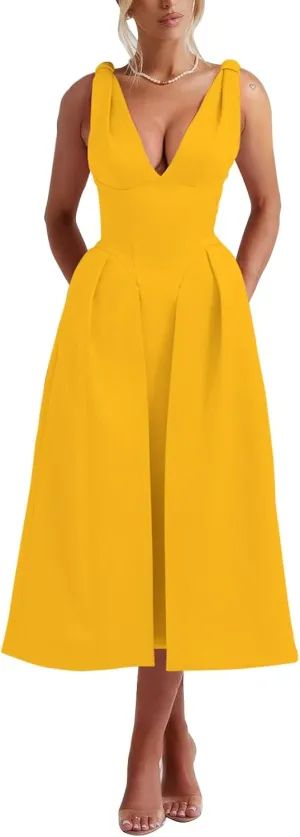 Womens Sleeveless Deep V Neck 1950s Retro Vintage Cocktail Wedding Guest Party A-Line Swing Maxi Dresses