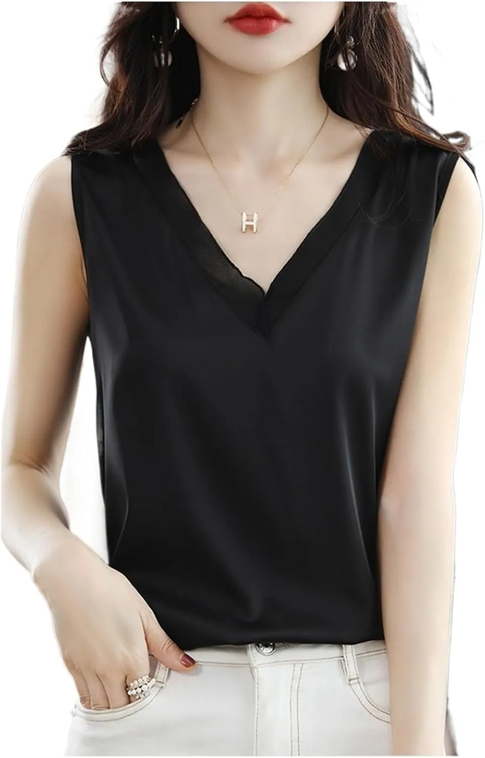 Women's Sleeveless V-Neck Camisole Y-Back Loose Fit Layering Top with Sheer Panel Office Wear Daily Basics
