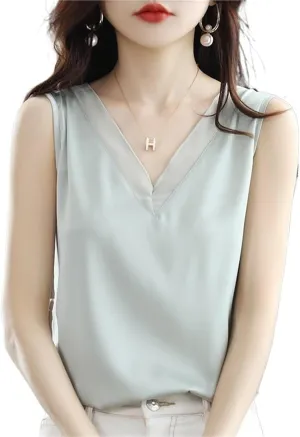 Women's Sleeveless V-Neck Camisole Y-Back Loose Fit Layering Top with Sheer Panel Office Wear Daily Basics