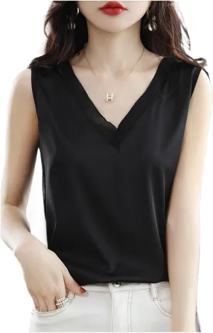 Women's Sleeveless V-Neck Camisole Y-Back Loose Fit Layering Top with Sheer Panel Office Wear Daily Basics