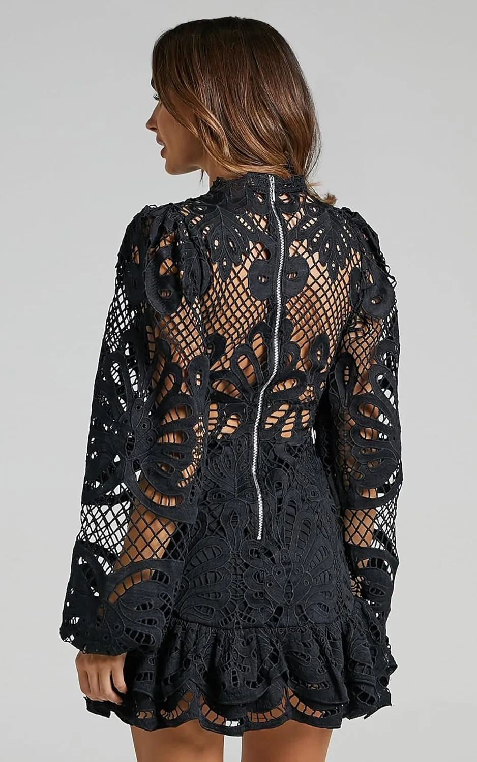 Women's Spring Long Sleeve Embroidery Mini Dress Ruffle Hollow Out Sexy Lace Dress