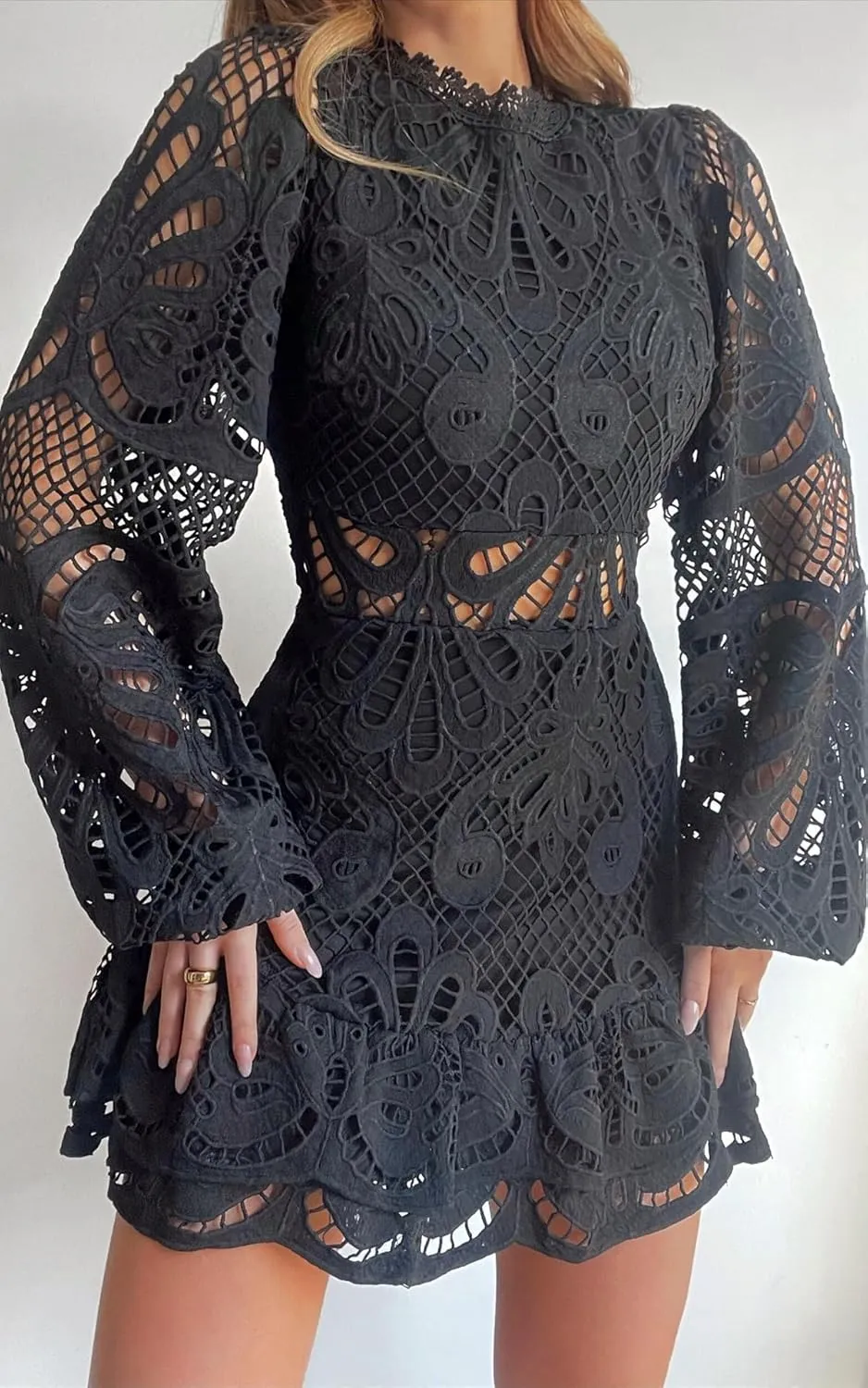 Women's Spring Long Sleeve Embroidery Mini Dress Ruffle Hollow Out Sexy Lace Dress