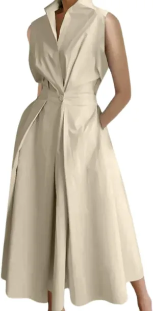 Women's Stand-Up Collar Cotton Breathable Dress Summer Ankle Length Shift Dress Side Pockets Simple Maxi Dress