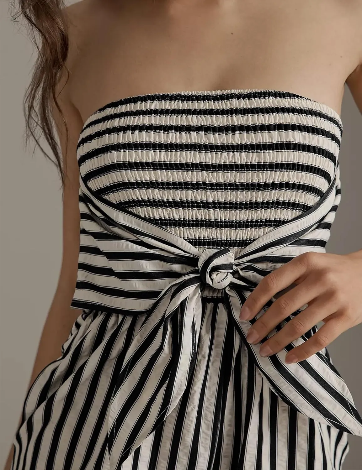 Women's Strapless Tie Front Striped Jumpsuit 2025 Casual Trendy Short Rompers Summer One Piece Jumpsuits with Pockets